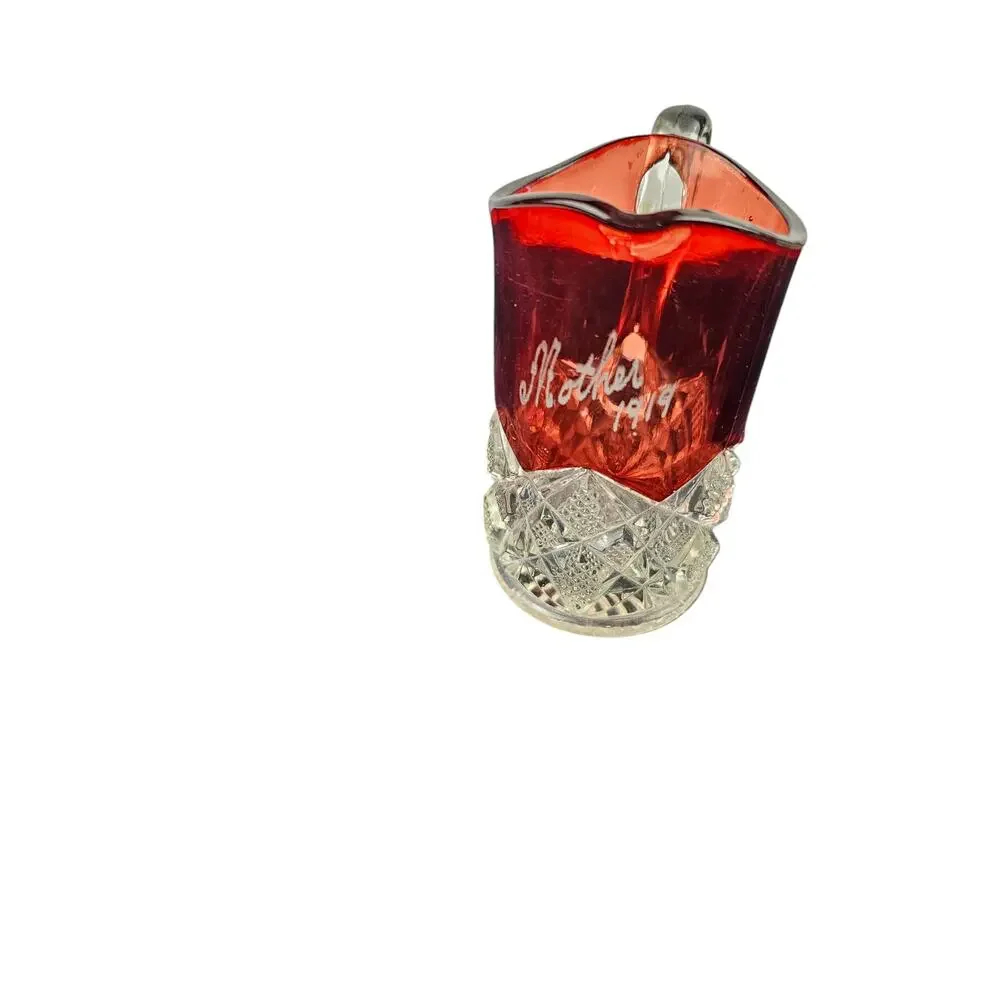 Early American Pressed Glass Creamer; Souvenir Ruby Red Upper Cut Glass Lower‎